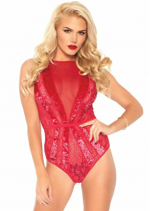 Leg Ave Velvet and Lace Starburst Teddy M Red  - 89236