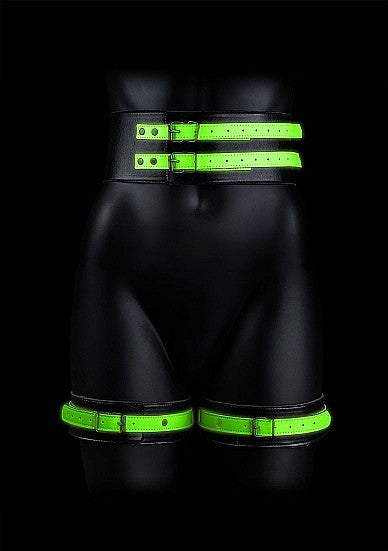 Ouch Glow In The Dark - Bonded Leather Hand & Thigh Cuffs w Belt Restraint L/XL