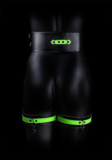 Ouch Glow In The Dark - Bonded Leather Hand & Thigh Cuffs w Belt Restraint L/XL