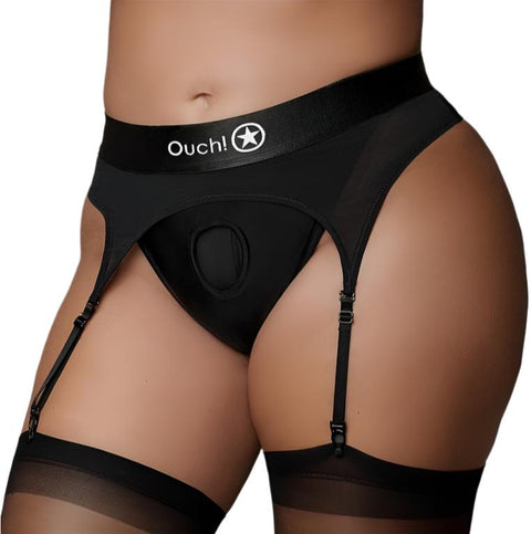 Ouch Vibrating Strap-on Thong with Adjustable Garters - Black - XL/XXL