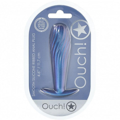 Ouch Ribbed Anal Plug 4.6" Metallic Blue