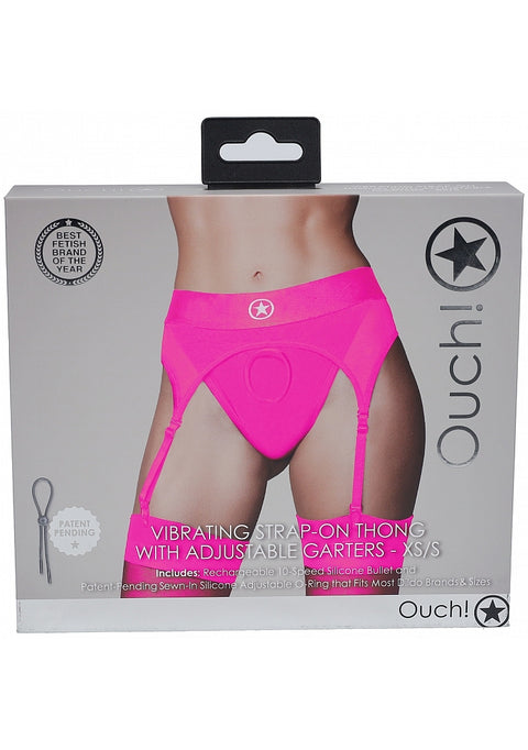 Ouch Vibrating Strap-on Thong with Adjustable Garters - Pink - XS/S