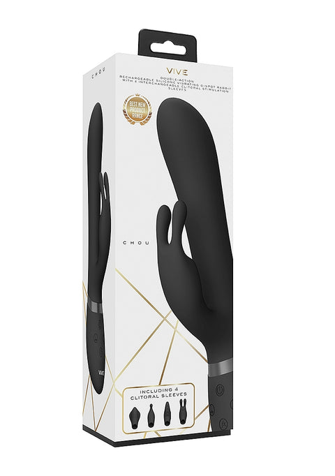 Vive Chou Rechargeable Vibrating Silicone Rabbit with Interchangeable Clitoral Sleeves - Black