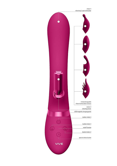 Vive Chou Rechargeable Vibrating Silicone Rabbit with Interchangeable Clitoral Sleeves - Pink